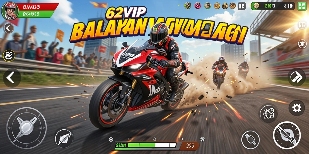 Tampilan gameplay yang mendebarkan dari 62VIP dengan aksi balapan motor.