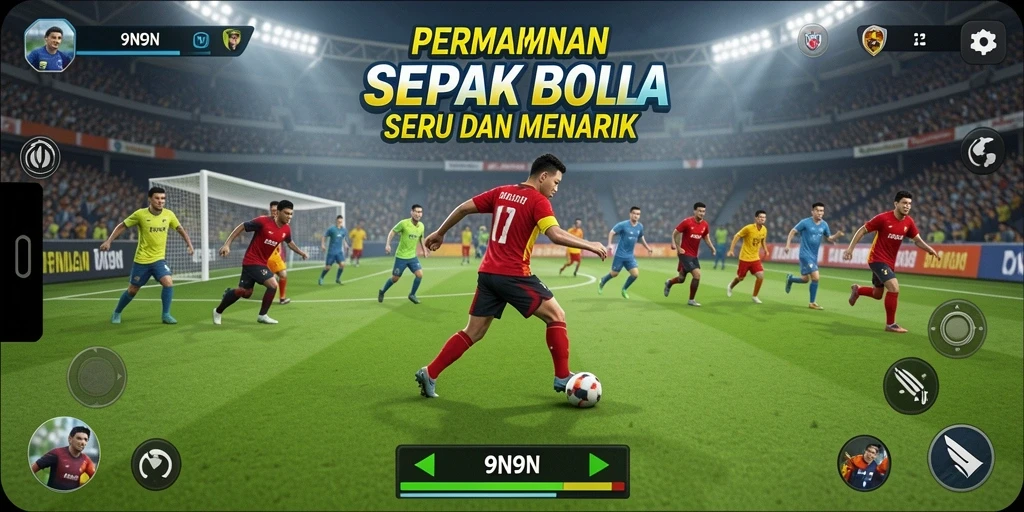 Tampilan gameplay menarik 9N9N dengan aksi sepak bola.