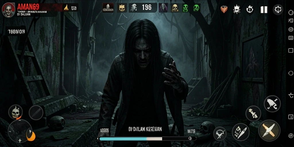 Screenshot gameplay yang menampilkan suasana menyeramkan di AMAN69.