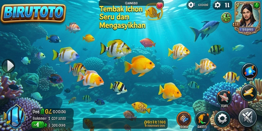 Tampilan gameplay BIRUTOTO saat menangkap ikan berwarna-warni.