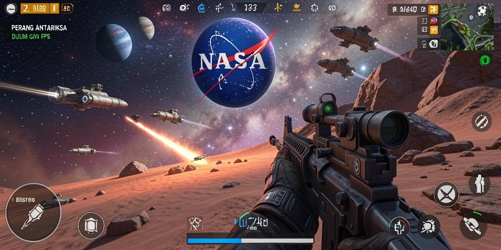 Tangkapan layar dari gameplay FPS yang mendebarkan di NASA4D.