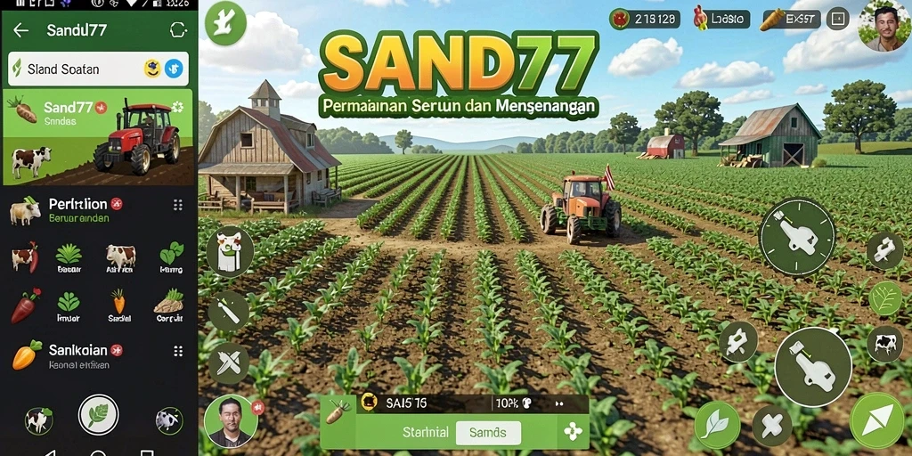 Tampilan gameplay SAND77 dengan ladang yang subur dan aktivitas bertani.