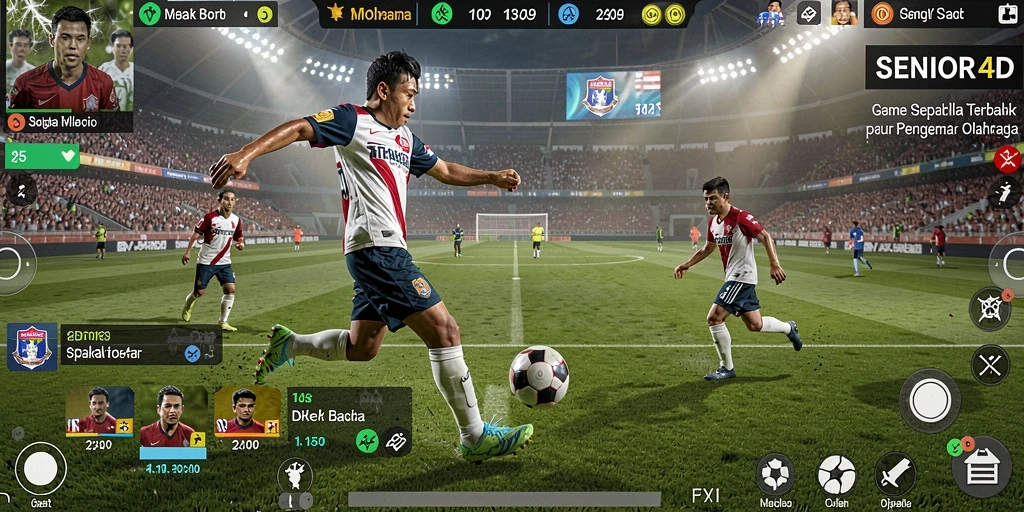 Screenshot gameplay SENIOR4D menunjukkan aksi seru di lapangan sepak bola.