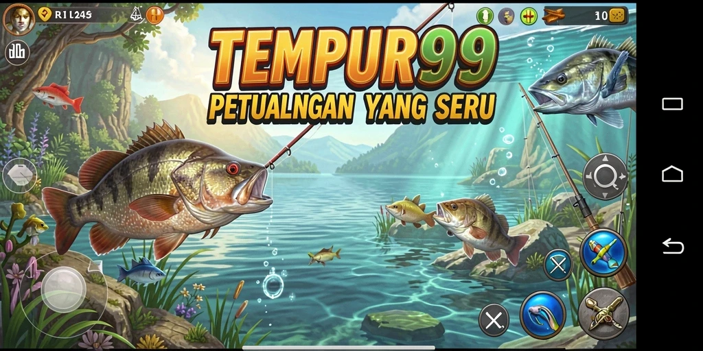 Screenshot gameplay TEMPUR99 yang menampilkan momen memancing yang seru.