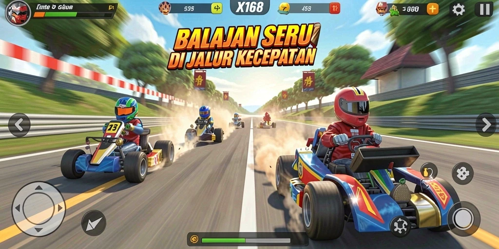 Screenshot gameplay X168 menunjukkan aksi balapan yang mendebarkan.